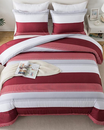 Litanika Red Comforter Set King, 3 Pieces Boy Men Women Girls Christmas Comforter Bedding Set, Burgundy White Colorblock Stripe for Winter (104x90In Comforter & 2 Pillowcases) - LeafyLoom