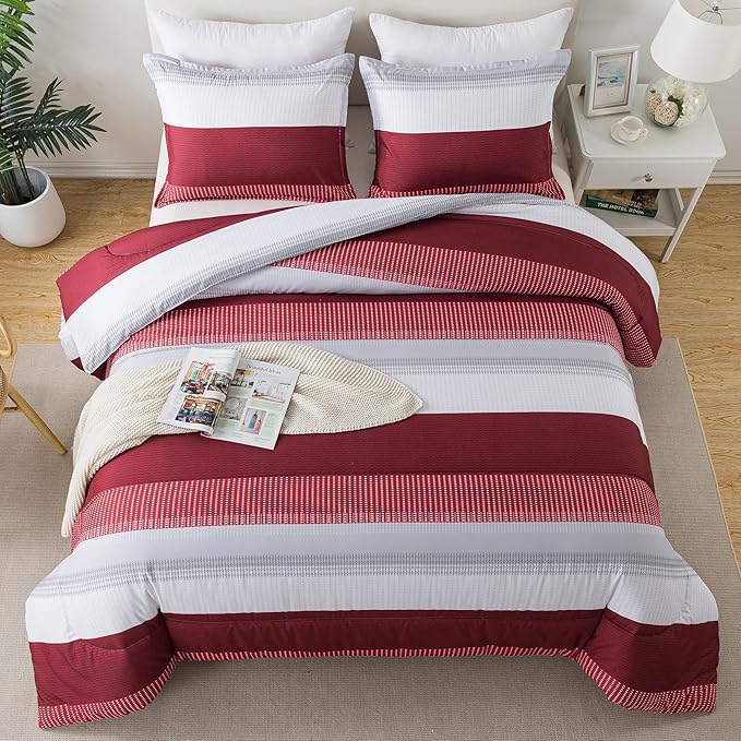 Litanika Red Comforter Set King, 3 Pieces Boy Men Women Girls Christmas Comforter Bedding Set, Burgundy White Colorblock Stripe for Winter (104x90In Comforter & 2 Pillowcases) - LeafyLoom