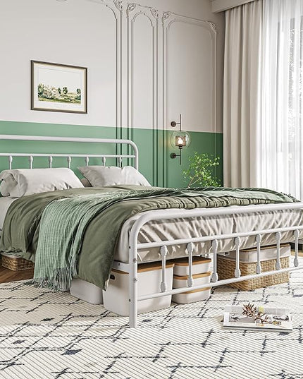 Vintage Queen Size Bed Frame with Headboard and Footboard Mattress Heavy Duty Metal Platform Bed Frame Steel Slat Support (Queen, White) - LeafyLoom