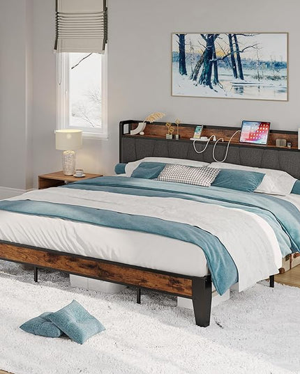LIKIMIO California King Bed Frames, Storage Headboard with Charging Station, Solid and Stable, Noise Free, No Box Spring Needed, Easy Assembly - LeafyLoom