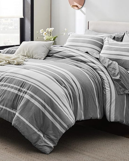 Bedsure King Size Comforter Set - 7 Pieces King Bedding Sets All Season Bed Set, Grey White Striped Bed in a Bag with Comforter, Sheets, Pillowcases & Shams - LeafyLoom