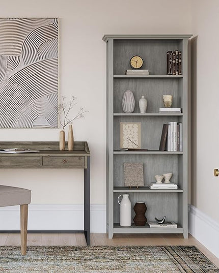 SIMPLIHOME Amherst SOLID WOOD 30 Inch Wide Transitional 5 Shelf Bookcase in Fog Grey, for The Living Room, Study Room and Office - LeafyLoom