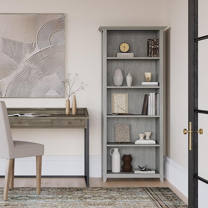 SIMPLIHOME Amherst SOLID WOOD 30 Inch Wide Transitional 5 Shelf Bookcase in Fog Grey, for The Living Room, Study Room and Office - LeafyLoom