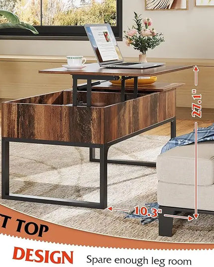 WLIVE Lift Top Coffee Table with Storage, Coffee Table with Lifting Top & Sliding Top, Wood Coffee Table for Living Room, Modern Center Table with 2 Hidden Compartment for Home, Office, Retro Brown - LeafyLoom