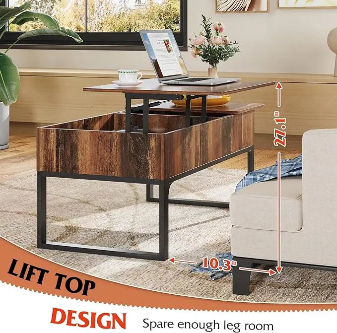 WLIVE Lift Top Coffee Table with Storage, Coffee Table with Lifting Top & Sliding Top, Wood Coffee Table for Living Room, Modern Center Table with 2 Hidden Compartment for Home, Office, Retro Brown - LeafyLoom