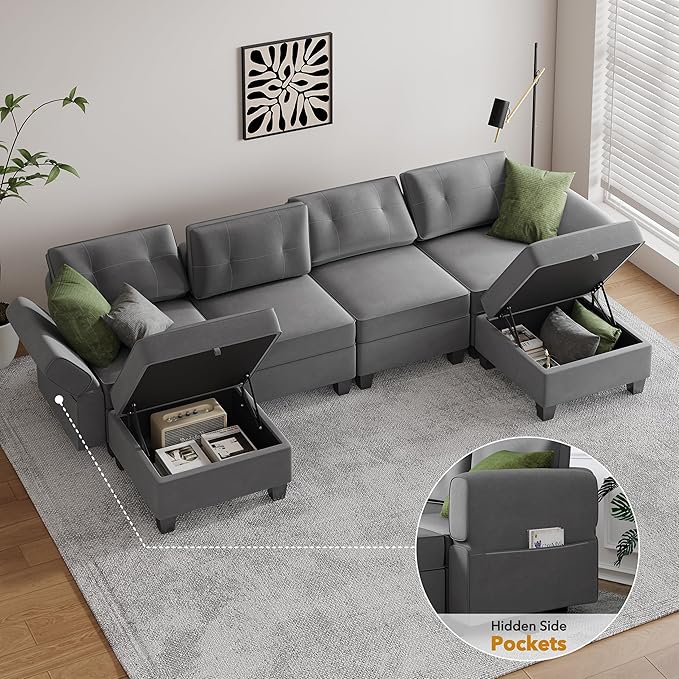 Modular Sectional Sofa, Convertible Sectional Couches for Living Room U Shaped Sofa Couch with Storage Ottoman, High Supportive 6 Seats Reversible Sectionals 113'' with Chaise, Dark Grey - LeafyLoom
