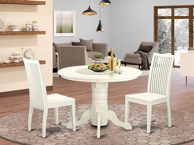 East West Furniture SHIP3-LWH-W 3 Piece Dinette Set for Small Spaces Contains a Round Kitchen Table with Pedestal and 2 Dining Chairs, 42x42 Inch, Linen White - LeafyLoom