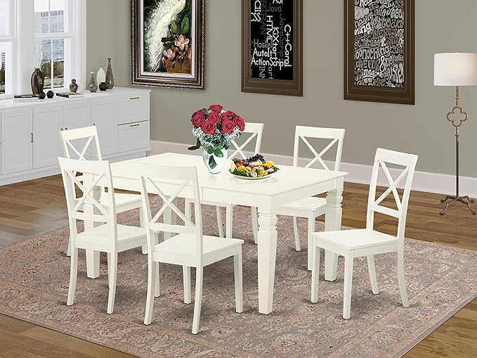 East West Furniture WEBO7-LWH-W 7 Piece Kitchen Set Consist of a Rectangle Table with Butterfly Leaf and 6 Dining Room Chairs, 42x60 Inch, Linen White - LeafyLoom