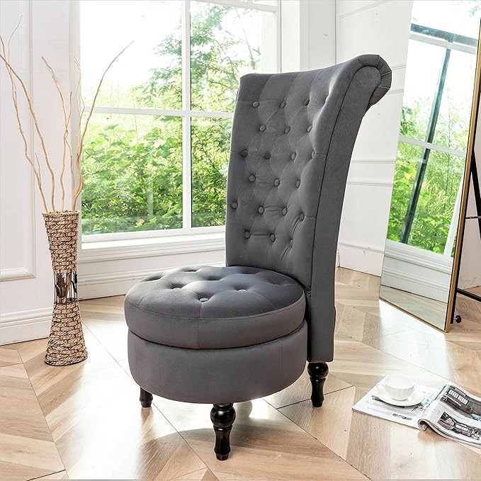 Royal Velvet Accent Chair for Vanity with Storage and Luxurious Upholstery, Retro Design and Versatile Usage for Living Room, Bedroom, Lounge and Office, Grey - LeafyLoom