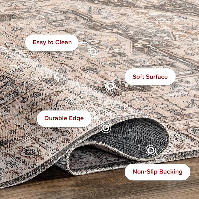 nuLOOM 3x5 Machine Washable Rain Haven Vintage Medallion Area Rug, Brown, Traditional Faded Design, Non-Slip Backing, Stain Resistant, For Bedroom, Dining Room, Living Room, Kitchen - LeafyLoom