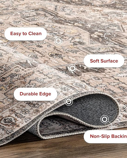 nuLOOM 8x10 Machine Washable Rain Haven Vintage Medallion Area Rug, Brown, Traditional Faded Design, Non-Slip Backing, Stain Resistant, For Bedroom, Dining Room, Living Room, Kitchen - LeafyLoom