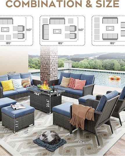 Yechen Patio Conversation Set 12 Seats with 44" Propane Gas Fire Pit Table - 9 Pcs Outdoor Wicker Furniture Set with Lid & Wind Shields - Sectional Sofa Set for Porch,Backyard - LeafyLoom
