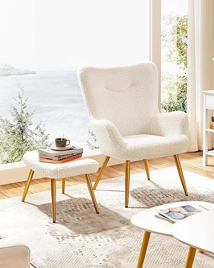 Yaheetech Accent Chair and Ottoman Set, Sherpa Armchair with Golden Metal Legs and High Back, Footstool for Living Room, Lounge, Ivory - LeafyLoom