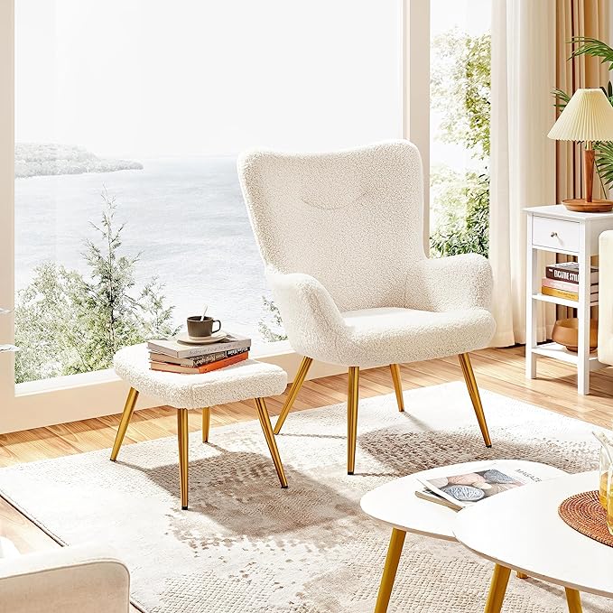 Yaheetech Accent Chair and Ottoman Set, Sherpa Armchair with Golden Metal Legs and High Back, Footstool for Living Room, Lounge, Ivory - LeafyLoom