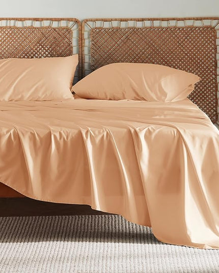 Bedsure Queen Sheets, Rayon Derived from Bamboo, Queen Cooling Sheet Set, Deep Pocket Up to 16", Breathable & Soft Bed Sheets, Hotel Luxury Silky Bedding Sheets & Pillowcases, Peach - LeafyLoom