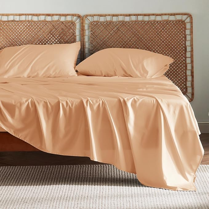 Bedsure Queen Sheets, Rayon Derived from Bamboo, Queen Cooling Sheet Set, Deep Pocket Up to 16", Breathable & Soft Bed Sheets, Hotel Luxury Silky Bedding Sheets & Pillowcases, Peach - LeafyLoom