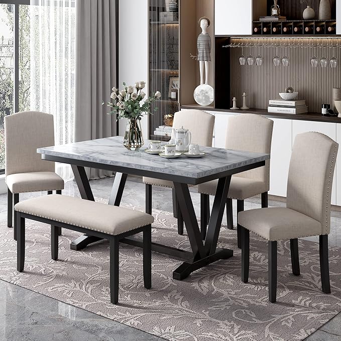 60 Inch Dining Table Set for 6, Modern 6-Piece Dining Table and Chair Set with Marbled Veneers Tabletop and V-shaped Table Legs, Dining Room Table Set for Living Room, Marble White - LeafyLoom