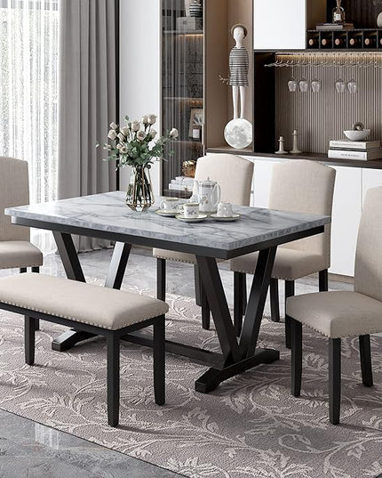 Modern Elegant Style Dining Set for 6 Table and 4 Upholstered Chairs and Bench for Family Kitchen Dinette Room, White, 60" L x 36" W x 30.3" H, Marbled Veneer Tabletop - LeafyLoom