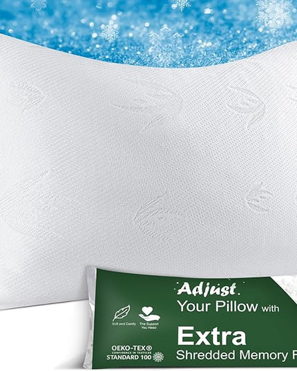 Cooling Bed Pillows for Sleeping 1 Pack, Adjustable Cool Shredded Memory Foam Pillows Queen Size - Luxury Pillows for Side Back Sleepers with Washable Cover, CertiPUR-US Certified - LeafyLoom