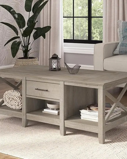Bush Furniture Key West Coffee Table with Storage in Washed Gray - LeafyLoom