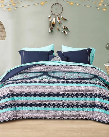 Degrees of Comfort Teen Twin Complete Comforter Sets for Girls, Boho Medallion Tween Bed in A Bag 6 Piece, Blue Microfiber Bedding Set with Sheets, Matching Decorative Pillow - LeafyLoom
