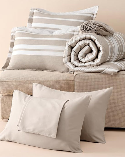 Bedsure Bed in a Bag Twin Size 5 Pieces, Light Camel White Striped Bedding Comforter Sets All Season Bed Set with 1 Pillow Sham, Flat Sheet, Fitted Sheet and 1 Pillowcase - LeafyLoom