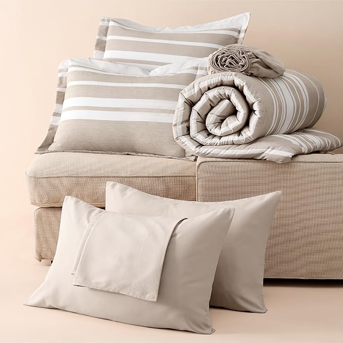 Bedsure Bed in a Bag Twin Size 5 Pieces, Light Camel White Striped Bedding Comforter Sets All Season Bed Set with 1 Pillow Sham, Flat Sheet, Fitted Sheet and 1 Pillowcase - LeafyLoom