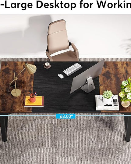 63 Inch Large Executive Computer office desk, Brown+Black - LeafyLoom