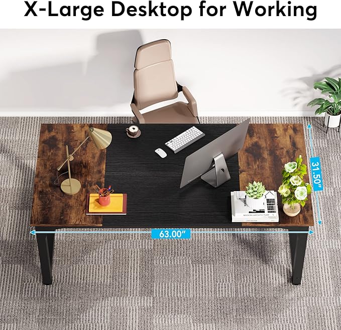 63 Inch Large Executive Computer office desk, Brown+Black - LeafyLoom