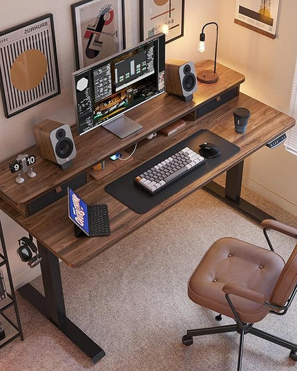 FEZIBO 55 x 24 Inch Height Adjustable Electric Standing Desk with Double Drawer, Stand Up Desk with Storage Shelf, Sit Stand Desk, Blcak Walnut - LeafyLoom