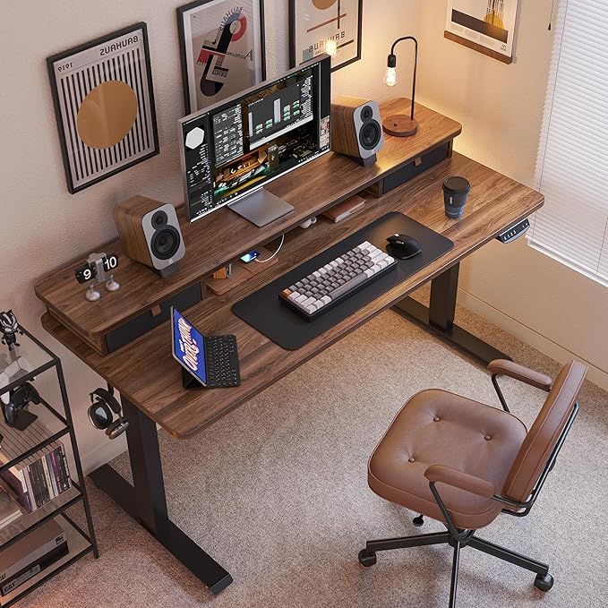 FEZIBO 55 x 24 Inch Height Adjustable Electric Standing Desk with Double Drawer, Stand Up Desk with Storage Shelf, Sit Stand Desk, Blcak Walnut - LeafyLoom