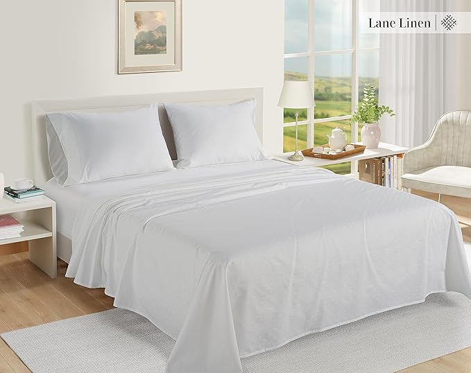 LANE LINEN 100% Egyptian Cotton Bed Sheets - 1000 Thread Count 4PC Queen Sheets Set, Long Staple Cotton Bedding Sheets, Sateen Weave, Luxury Hotel Sheets, Deep Pocket, Swiss Dot - White - LeafyLoom