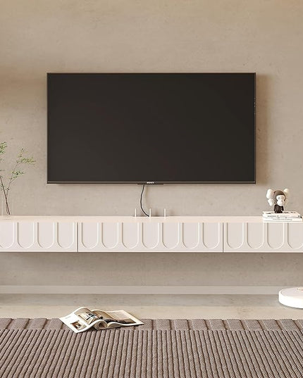 Floating TV Stand, 73'' High Gloss Wall Mounted TV Cabinet, Floating TV Shelves with Door & Drawers, Modern Entertainment Media Console Center Large Storage TV Bench for Living Room (White) - LeafyLoom
