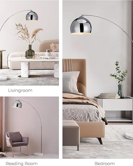 Teamson Home Arquer 68.1" Arc Floor Lamp for Living Rooms, Home Offices, Dining Rooms, Bedrooms with Faux White Marble Base and Chrome Bell Shade - LeafyLoom