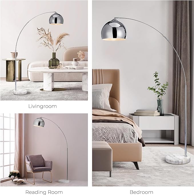 Teamson Home Arquer 68.1" Arc Floor Lamp for Living Rooms, Home Offices, Dining Rooms, Bedrooms with Faux White Marble Base and Chrome Bell Shade - LeafyLoom