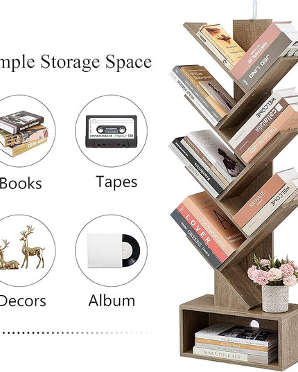 Hoctieon 6 Tier Tree Bookshelf, Tall Bookcase with Drawer, Freestanding Book shelf, Display Floor Standing Storage Shelf, Book Organizer Shelves for Home Office, Living Room, Bedroom, Greige - LeafyLoom