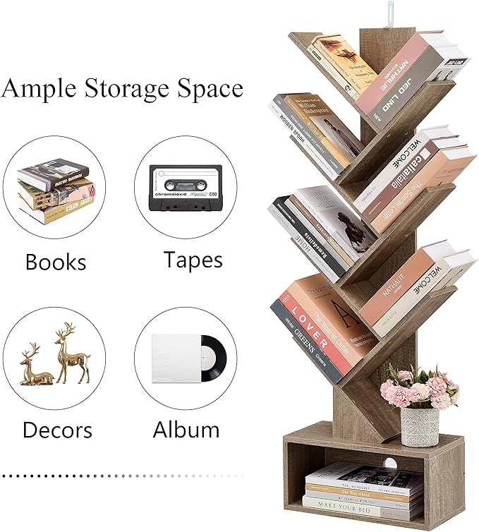 Hoctieon 6 Tier Tree Bookshelf, Tall Bookcase with Drawer, Freestanding Book shelf, Display Floor Standing Storage Shelf, Book Organizer Shelves for Home Office, Living Room, Bedroom, Greige - LeafyLoom