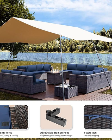 Kullavik 15PCS Outdoor Patio Furniture Set with 43" 55000BTU Gas Propane Fire Pit Table PE Wicker Rattan Sectional Sofa Patio Conversation Sets,Dark Blue - LeafyLoom