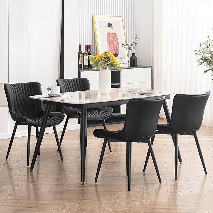 YOUTASTE Black Dining Chairs Set of 2 Upholstered Mid Century Modern Kitchen Dining Room Chairs Armless Faux Leather Accent Chairs Metal Vanity Lounge Chair with Back for Living Room Bedrooms - LeafyLoom