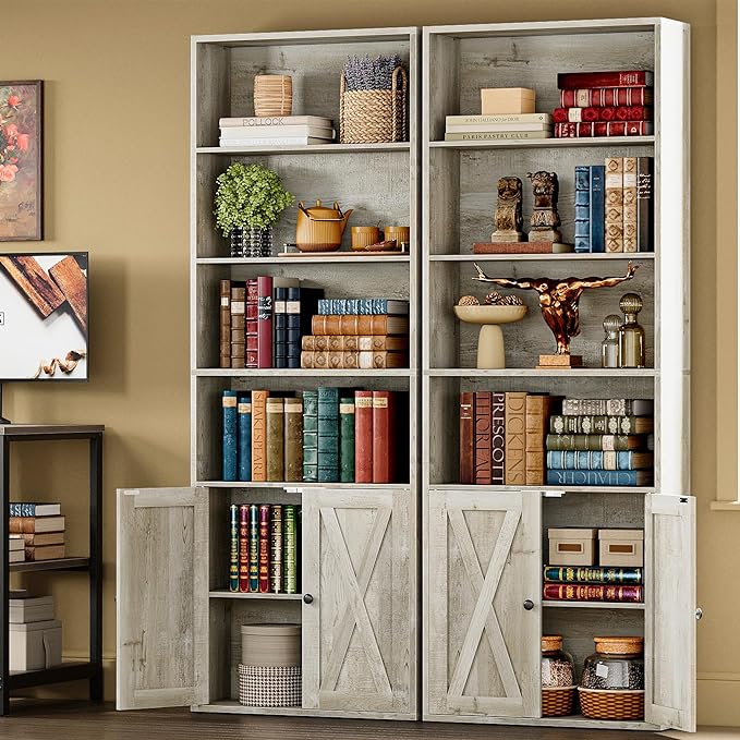 IRONCK Industrial Bookshelves and Bookcases with Doors Set of 2 Floor Standing 6 Shelf Display Storage Shelves 70 in Tall Bookcase for Home Office, Living Room - LeafyLoom