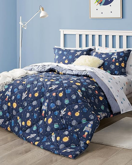 Kids Bedding Set for Boys, Twin Size 5 Pieces Space Themed Bed in a Bag, Super Soft Lightweight Microfiber Comforter Set with Sheets, Hotel Quality Durable Children Bed Set - LeafyLoom
