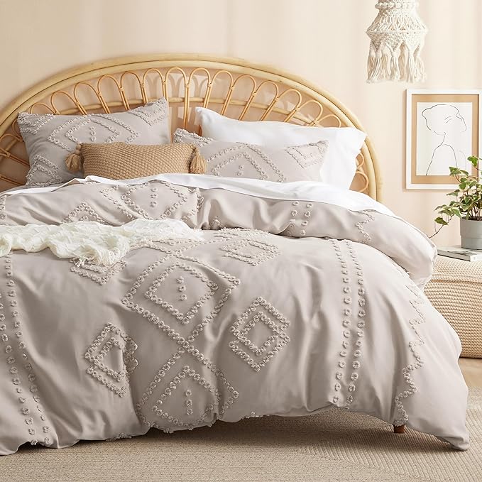 Bedsure Boho Comforter Set King - Linen Tufted Bedding Comforter Set, 3 Pieces Farmhouse Shabby Chic Embroidery Bedding Set, Soft Geometric Pattern Comforter for All Seasons - LeafyLoom