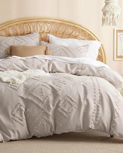 Bedsure Boho Comforter Set Full - Linen Tufted Bedding Comforter Set, 3 Pieces Farmhouse Shabby Chic Embroidery Bedding Set, Soft Geometric Pattern Comforter for All Seasons - LeafyLoom