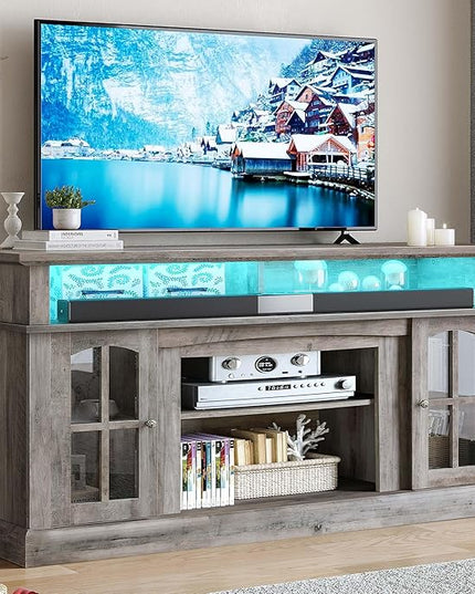 YITAHOME LED Farmhouse TV Stand for TV up to 65 Inch w/Outlets, Highboy Media Entertainment Center Console Table Adjustable Storage Shelves &Cabinet Glass Door for 400lbs for Living Room, Rustic Gray - LeafyLoom