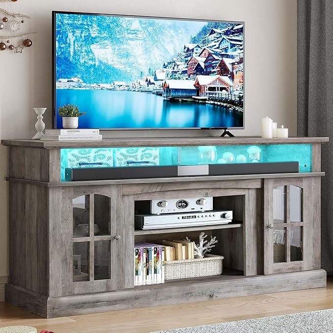 YITAHOME LED Farmhouse TV Stand for TV up to 65 Inch w/Outlets, Highboy Media Entertainment Center Console Table Adjustable Storage Shelves &Cabinet Glass Door for 400lbs for Living Room, Rustic Gray - LeafyLoom