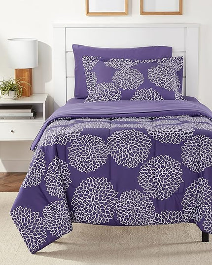 Amazon Basics Lightweight Microfiber Bed-in-a-Bag Comforter 5-Piece Bedding Set, Twin/Twin XL, Purple Floral - LeafyLoom