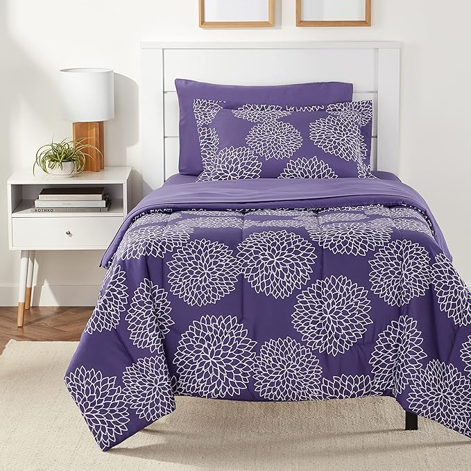 Amazon Basics Lightweight Microfiber Bed-in-a-Bag Comforter 5-Piece Bedding Set, Twin/Twin XL, Purple Floral - LeafyLoom