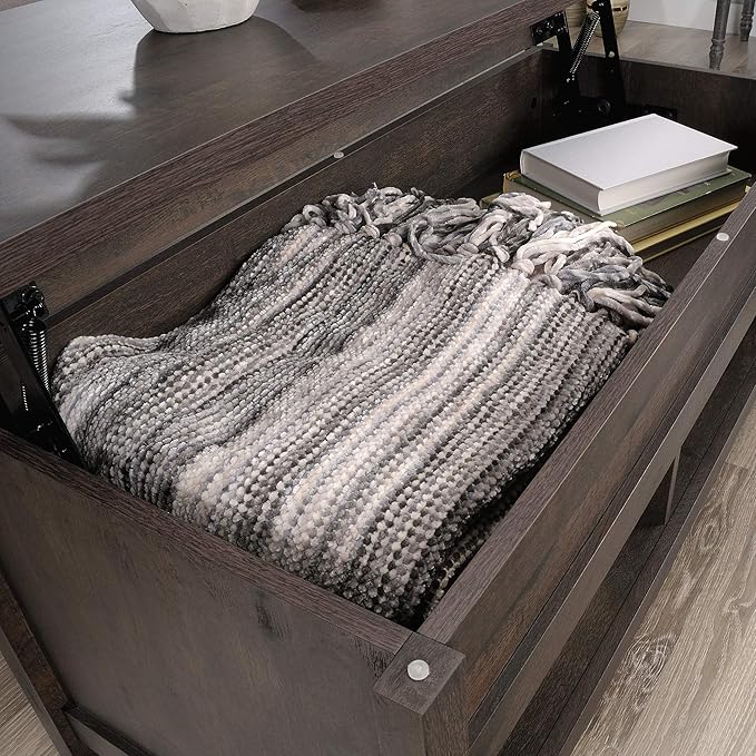 Sauder Cannery Bridge Lift-top Table, L: 43.15" x W: 19.45" x H: 19.02", Coffee Oak finish - LeafyLoom