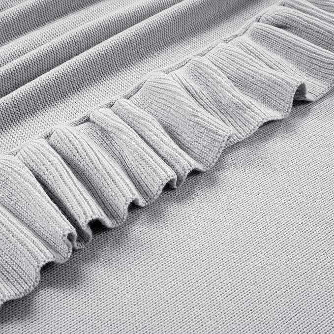 Lush Decor Reyna Soft Knitted Ruffle Throw Blanket, 104" W x 88" L, Light Gray - Ruffled Bedding - Knit Blanket - Cozy Oversized Blanket For Bed or Couch - Vintage, Minimalist & Cottage Home Decor - LeafyLoom