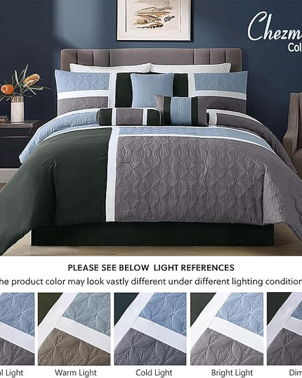 Chezmoi Collection Upland 7-Piece Quilted Patchwork Comforter Set, Gray/Light Blue/Charcoal, California King - LeafyLoom